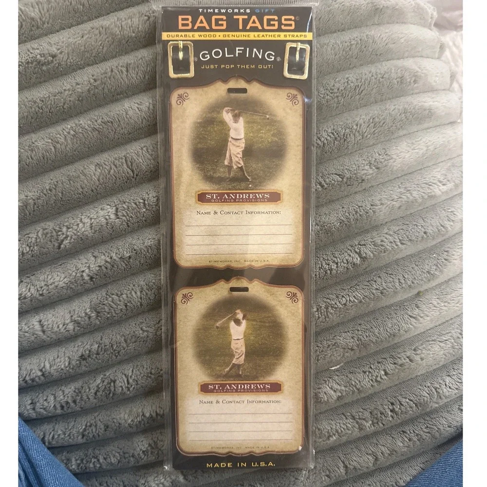 Timeworks Gift Bag Tags Golfing Durable Wood Genuine Leather Straps St‎ Andrews